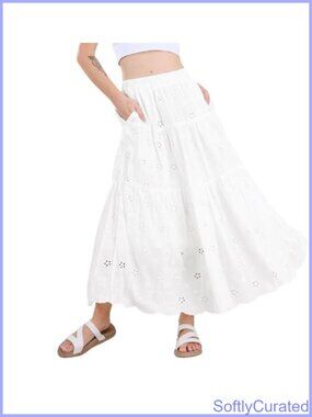 Women's Lace Eyelet Midi Skirt High Waisted A-Line Flowy Swing